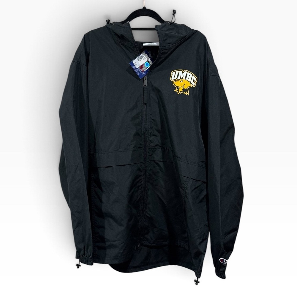 Champion UMBC Retrievers Mens XL Black Windbreaker Jacket Full Zip Hooded NWT